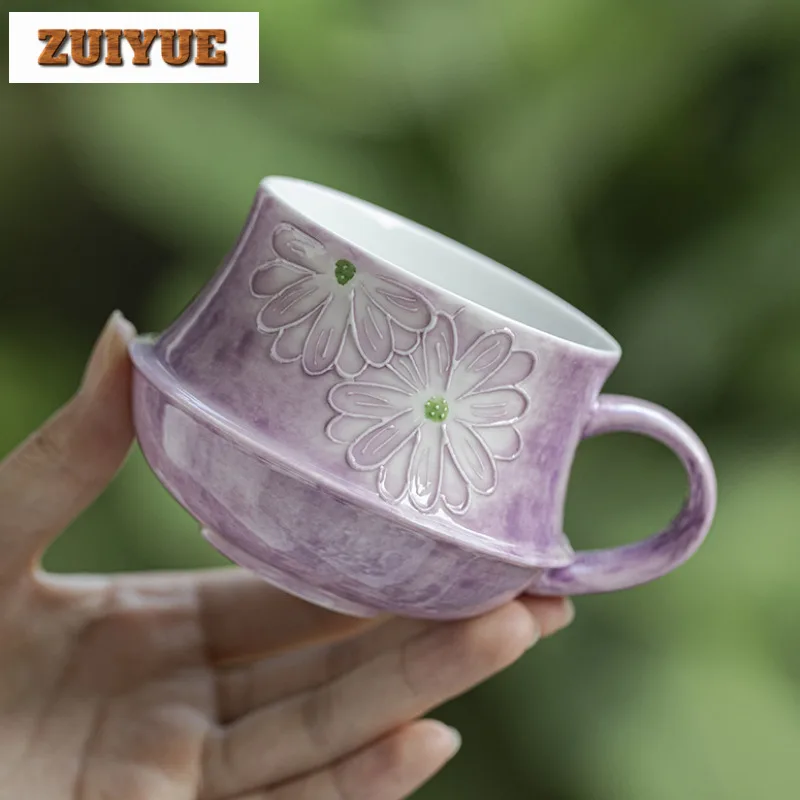 210ml Hand-painted Daisy Flower Coffee Mug Set Cardamom Purple Milk Oats Mug Office Water Handgrip Cup Kitchen Party Drinkware