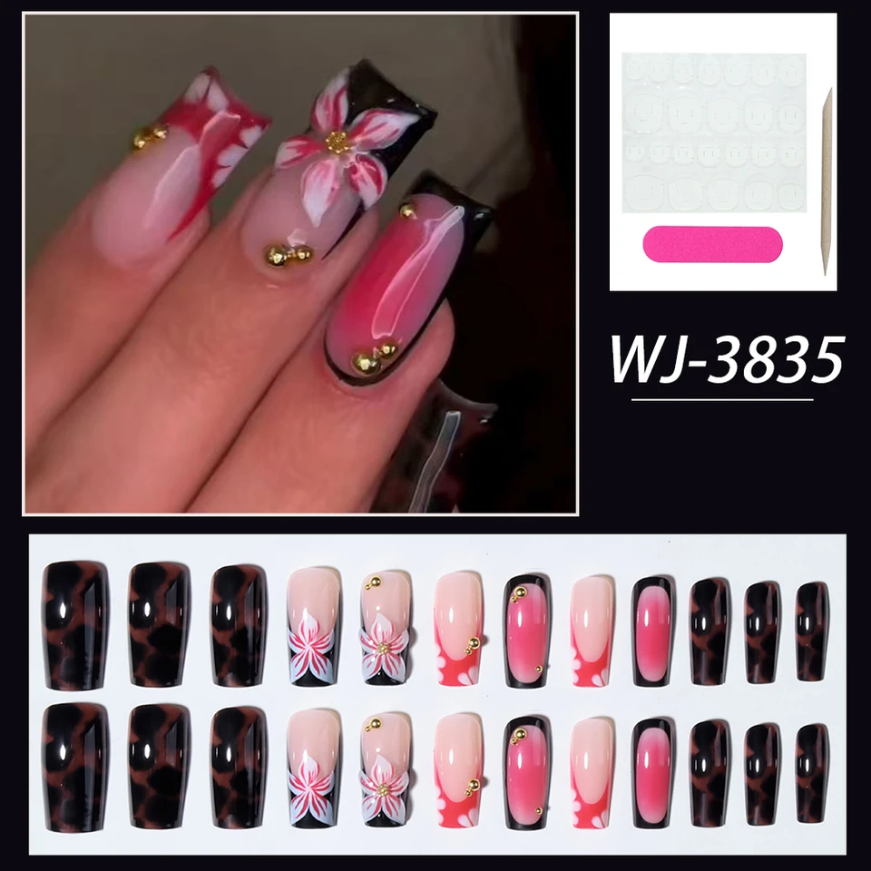24 Piezas Uñas Postizas Francesas Acrílicas Largas Cuadradas con Flores y Perlas 3D, Juego Perfecto Incluido 5