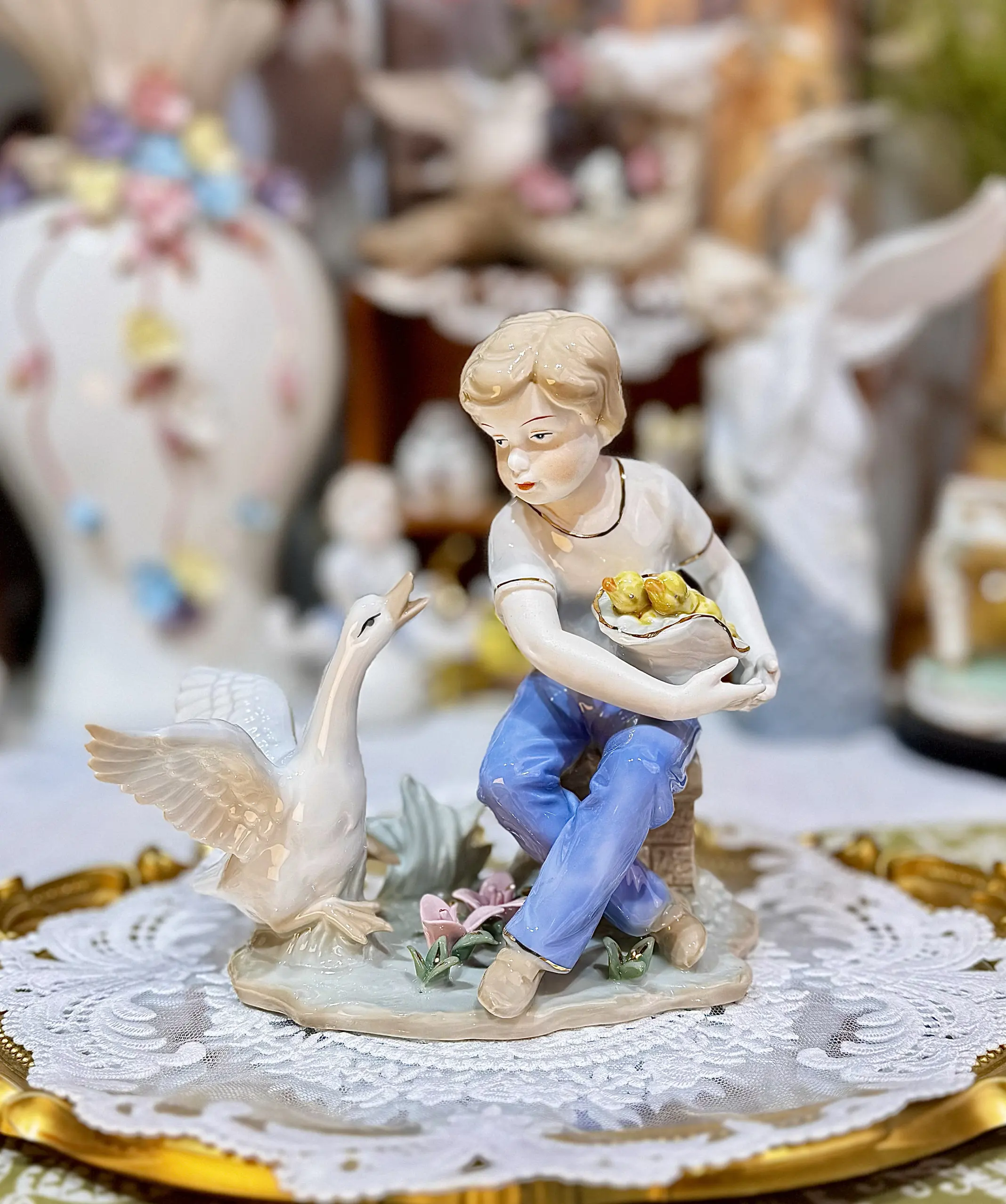 European Vintage Porcelain Boy Figurine with Duck & Ducklings Ceramic Character Statue Home Living Room Decorative Ornament Gift view 4