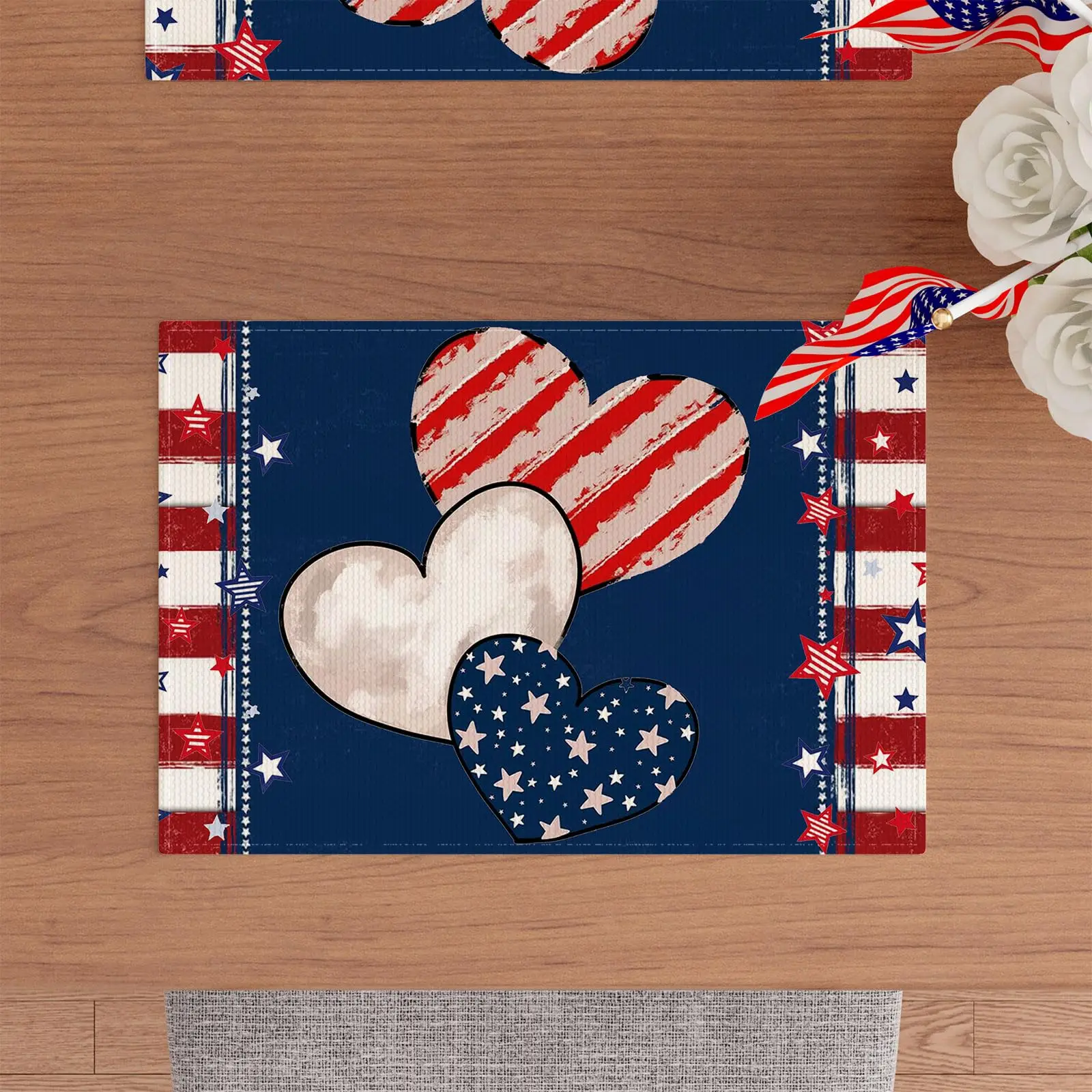 Heart Stripe Stars 4th of July Placemats Set of 4 12x18 Inch Patriotic America Memorial Day Independence Day Table Decor