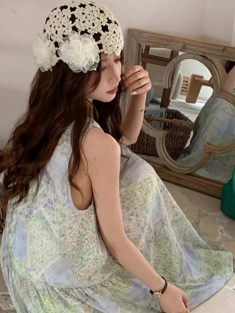 

ey Dongdaemun Floral Ne Hanging Dr New Fre round Ne Svel Long Dr Korean Sle Loose Waist Cotton Blend