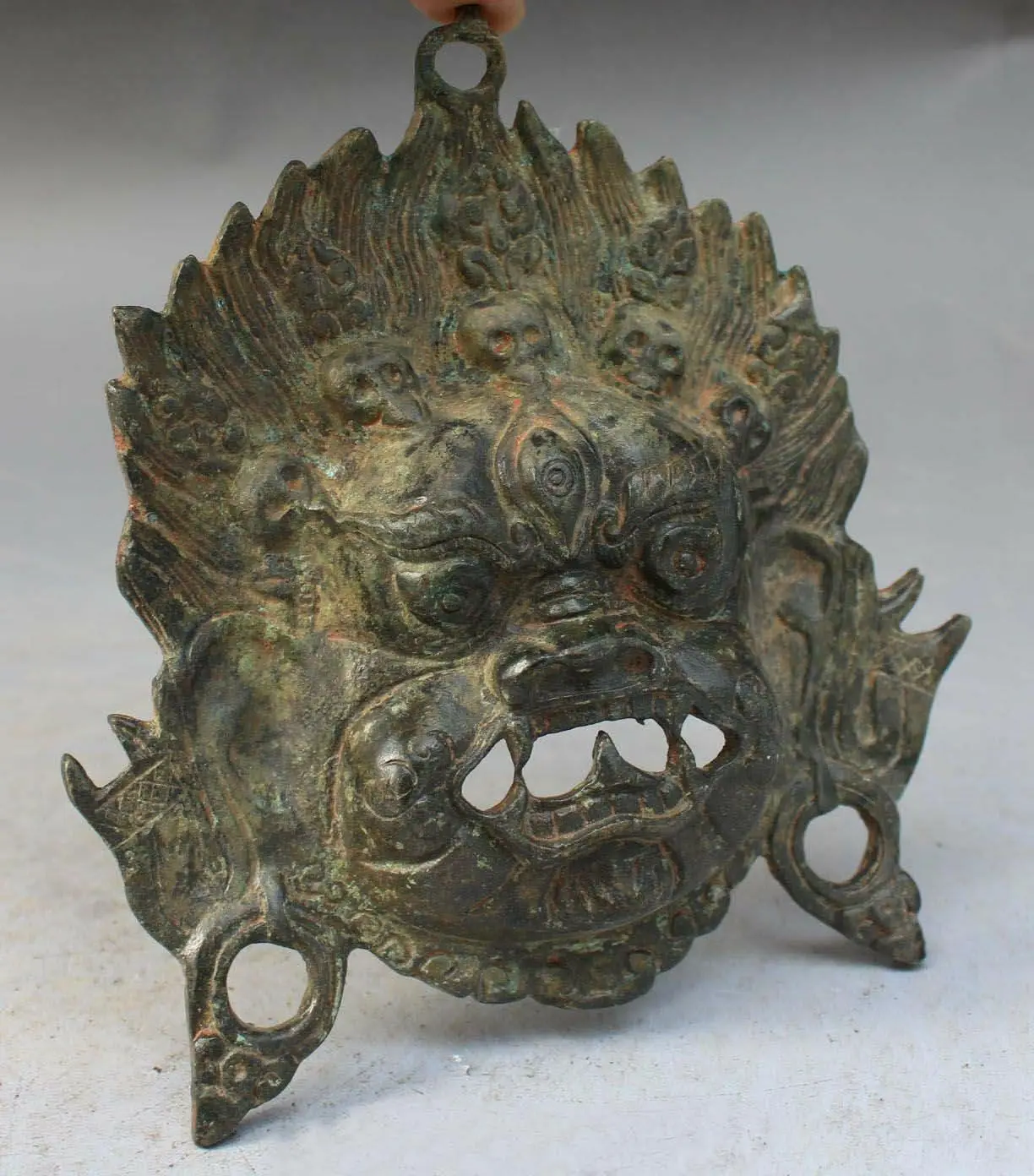 Chinese Tibetan Bronze Evil Spirits Mahakala Wrathful Deity Buddha Mask Statue