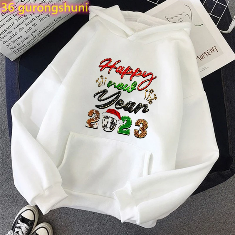 

New Leopard print Hello 2023 Hoodies Happy New Year Merry Christmas Clothes Women Female Hoodies Long Sleeve Sweatshirt Tops