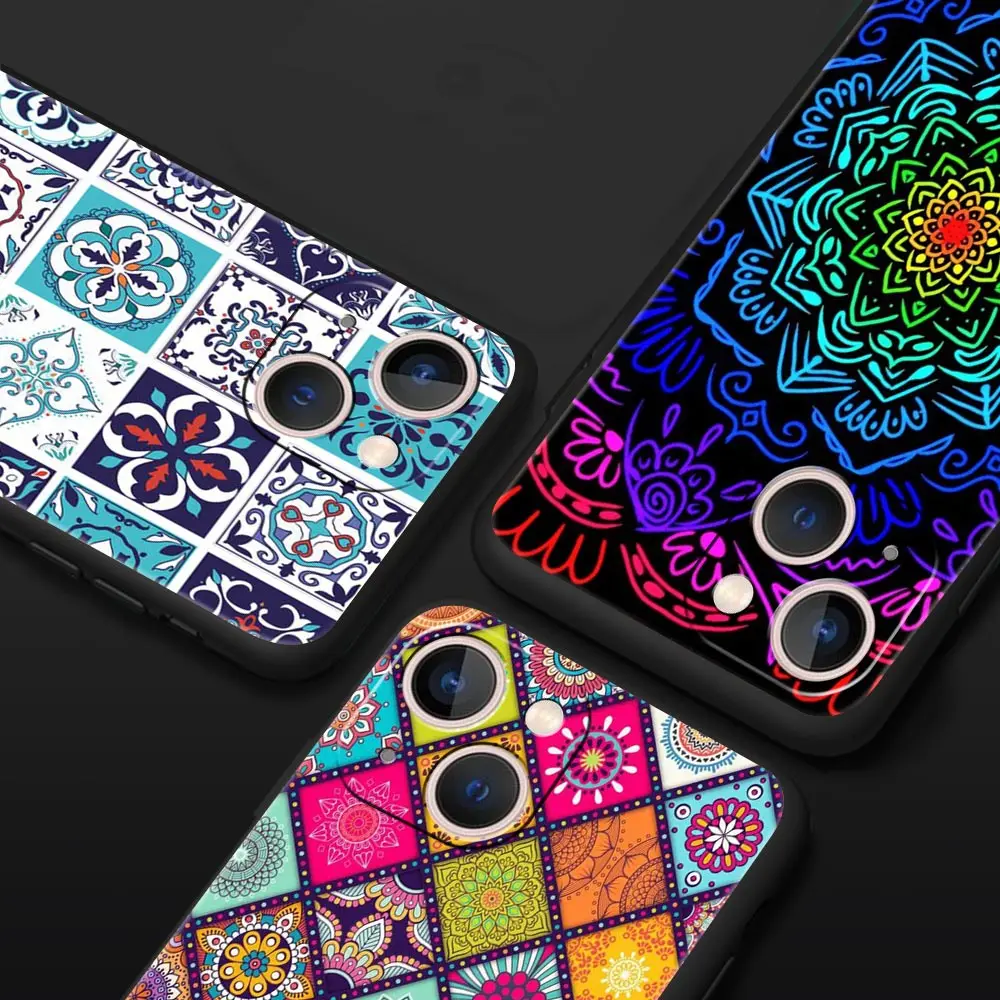 Mandala flor totem luxo caso de telefone para iphone 13 15 14 12 11 pro max xr x se xs 7 8 plus silicone preto capa proteção