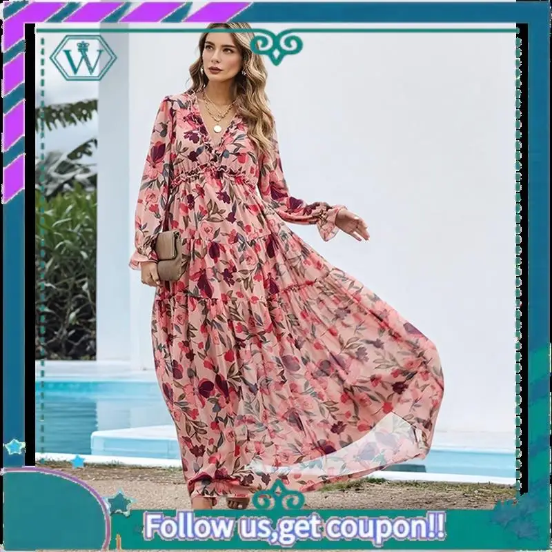 A09P Damska codzienna sukienka boho z głębokim dekoltem w serek i długim rękawem