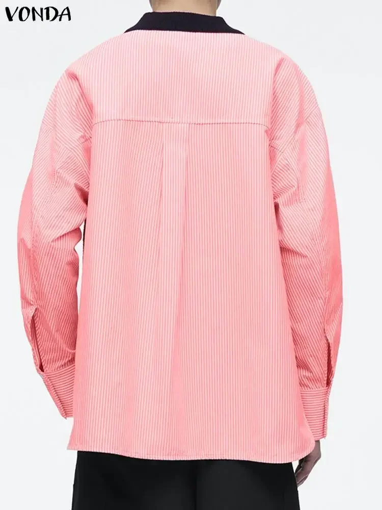 Hauts élégants VONDA femmes mode Blouse 2025 automne à manches longues tricoté couleur Patchwork Blusas col en v chemises décontractées grande taille