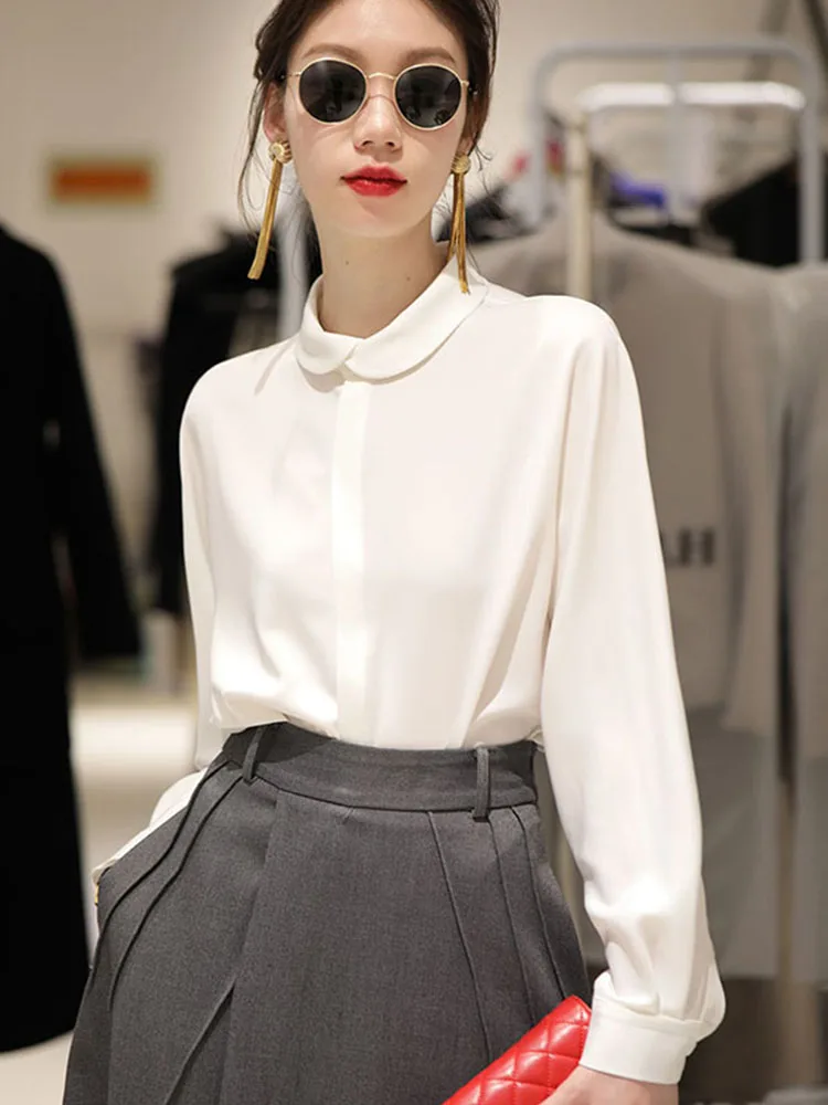 Ele Casual Long Sve irt Women's Chiffon Blouse Thin Commute Korean Sle Button Detail Regular Length Pure Color