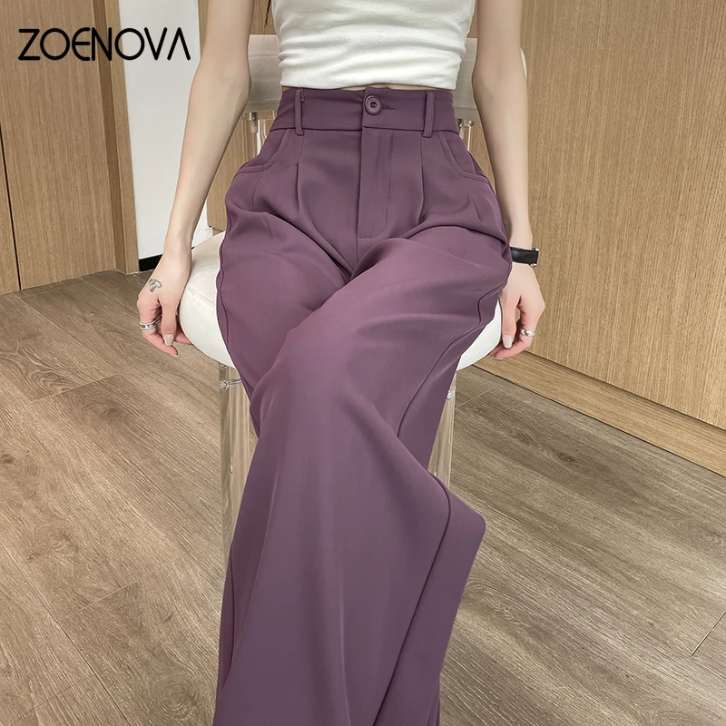 ZOENOVA Summer Fashion Women\'s Thin Business Casual Ice Silk Pants Office Ladies High Waist Slim Wide Leg Straight Suit Trousers