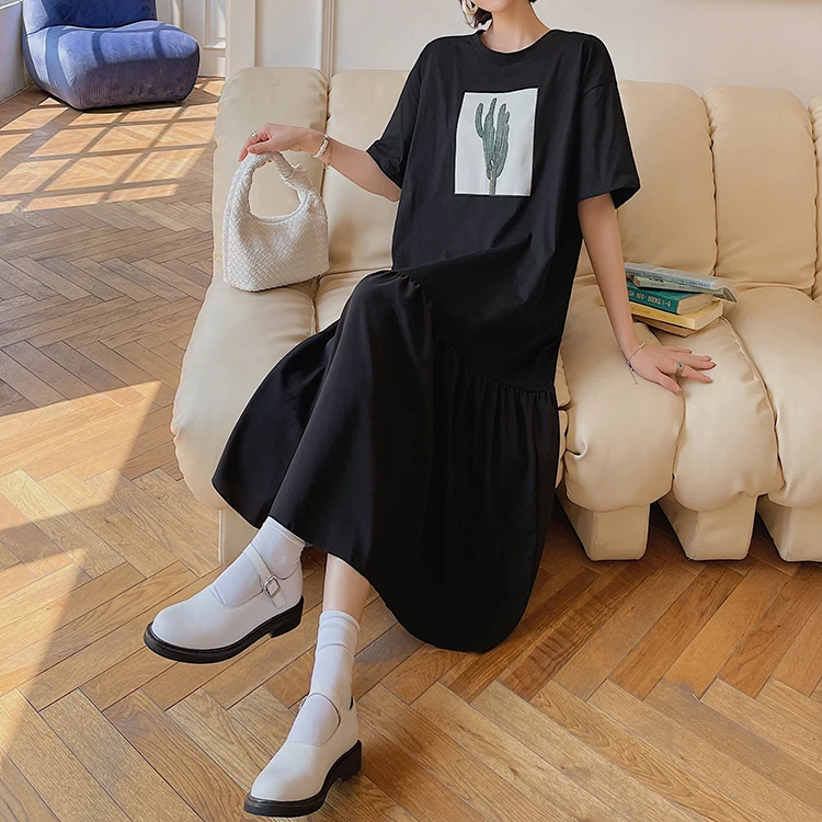 T-shirt coupe ample pour femmes, longueur aux genoux, jupe trapèze, ort Sve, ourlet Patchwork, rue, tricoté, été 2024