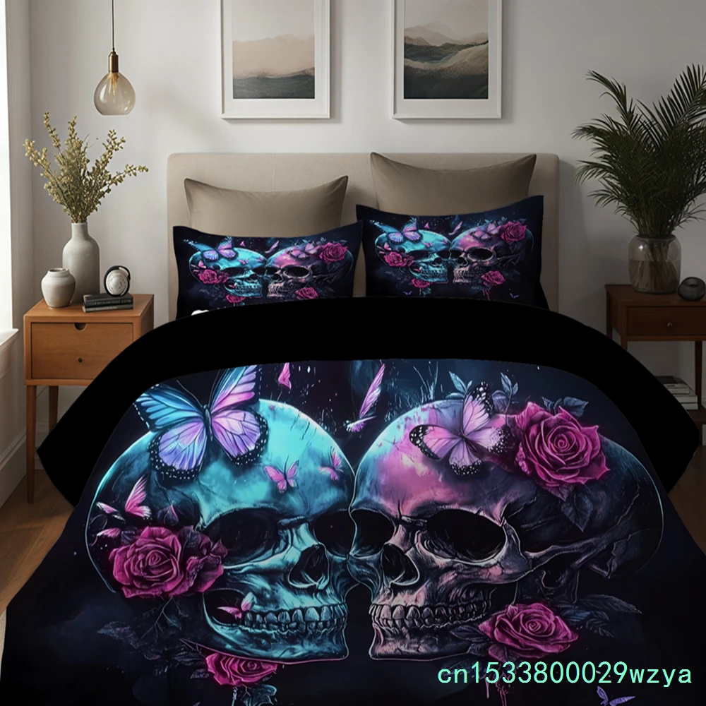 3D Printed Black Skull Skeleton Bedding Set Colorful Vintage Rose Duvet Cover Luxury Soft Home Hippie Style Duvet Cover Sets