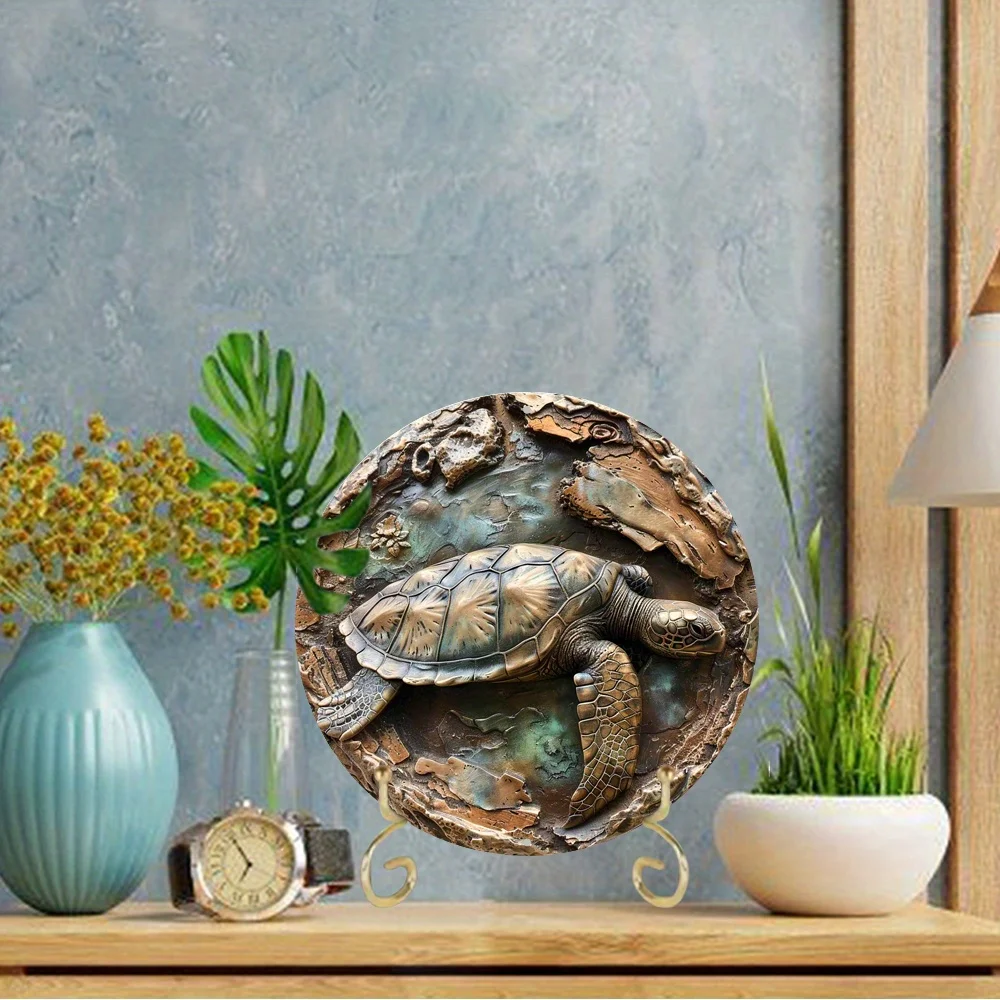 Sea Turtle Aluminum Metal Wall Art Decor, Round 2D Flat Sign, Art Deco Style, Marine Animal Themed Hanging Plaque