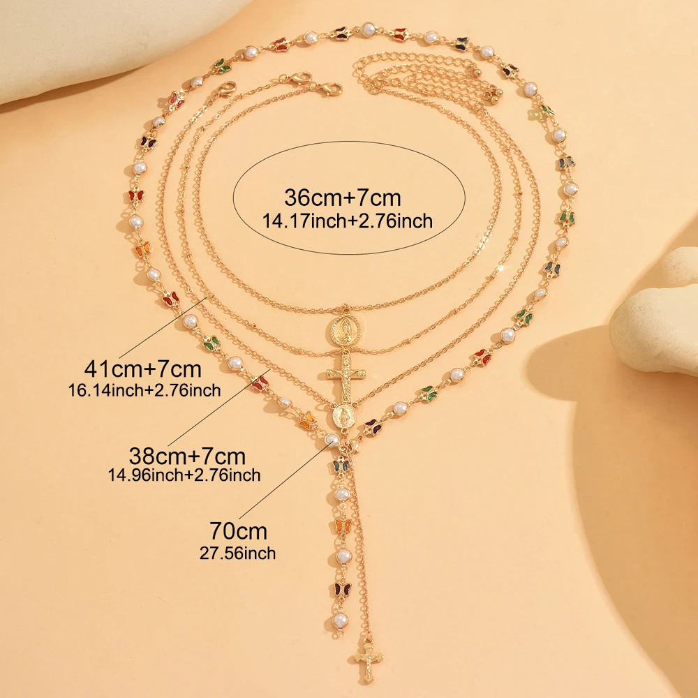 Layered Rosary Cross Necklace Vintage Gold Silver Mary Pendant Pearl Beaded Y Lariat Jewelry Gift for Women image 2