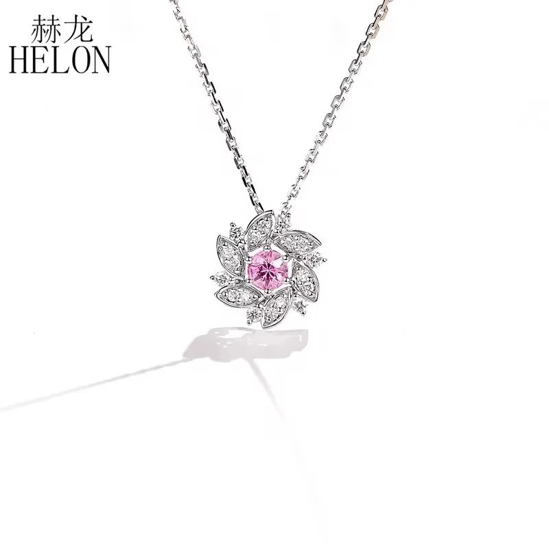 HELON Solid 18K White Gold Round 3.5mm Genuine Pink Sapphire Diamonds Pendant Necklaces Women Elegant Unique Trendy Jewelry