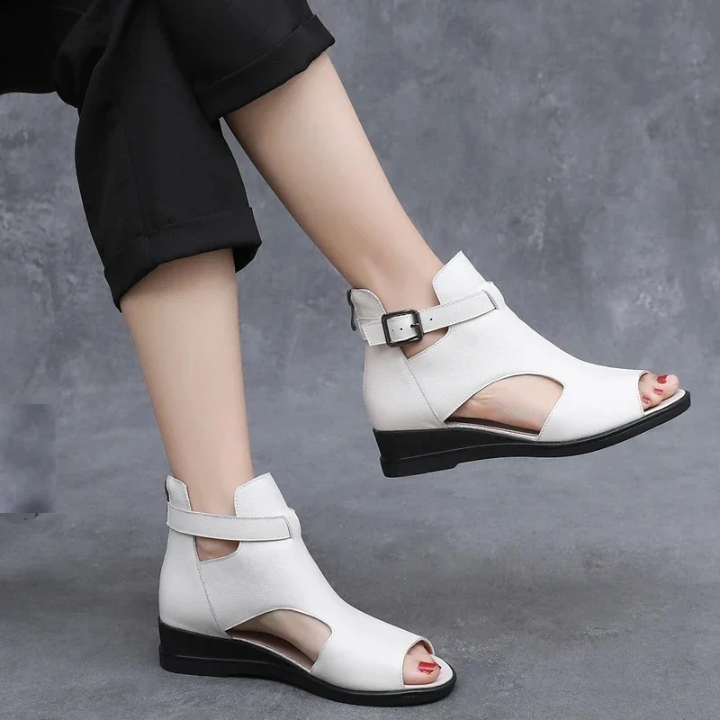 Premium Cowhide Mesh Breathable Summer Boots Women Leather Sandals Large Size Elegant Fashion Sandals Wedges Flat