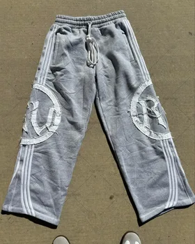 Amerikan Sokak Moda Marka Klasik Çizgili Patchwork Desen Eşofman Altı Yüksek Sokak Hip Hop Düz Gevşek Geniş Bacak Pantolon