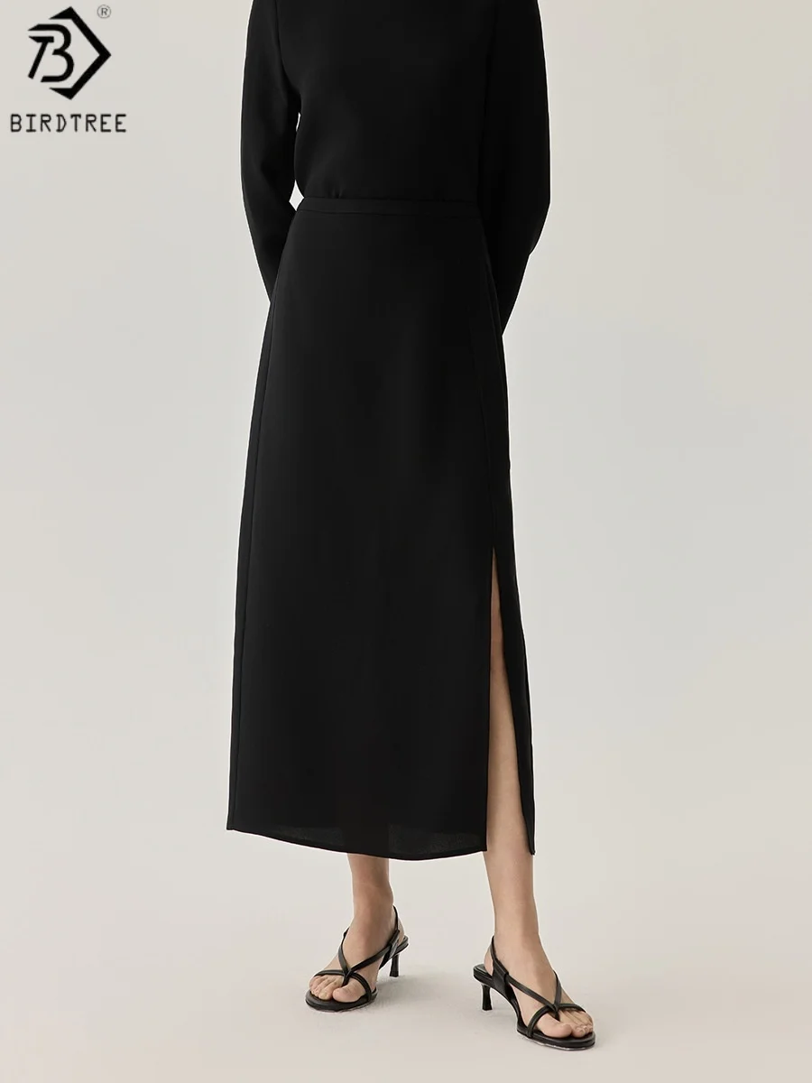 

Birdtree, 30MM 100% Real Silk Black Straight Skirt, Heavy Crepe, Women's High Waist Side Slit Maxi Skirts, 2026 New D62317JF