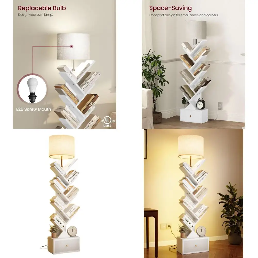 

9 Tier Tree Bookshelf with Light and Drawer, Floor Standing Bookshelf Storage Organizer for Books/CDs, 9 Shelf Small Bookcase fo