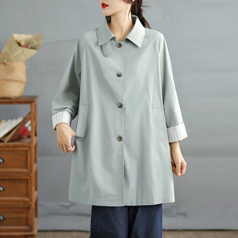 เสื้อแจ็คเก็ตผู้หญิงทรงยาวปานกลาง ปกพับติดกระดุมเม็ดเดียว สไตล์เรียบง่าย ดูดี มีสไตล์ เหมาะกับการเดินทาง ใช้ได้หลากหลาย สำหรับฤดูใบไม้ผลิและฤดูใบไม้ร่วง