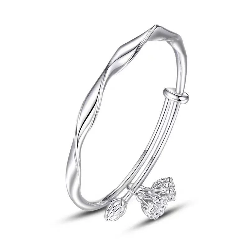 Polished Twisted Mobius S999 Sterling Silver Bracelet For Women Lotus Flower Charm Adjustable Silver Bangle 6