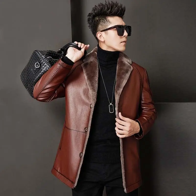 Winter Leather Jacket For Men Medium Long Thicked Suit Collar Sheepskin Jacket Man Natural Slim Fit Men's Genuine Leather Coats