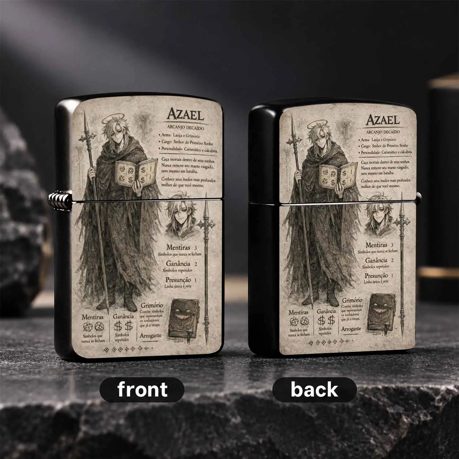 Vintage Distressed Azael Fallen Archangel Themed Retro Grimoire Spear Pattern Creative Character Art Collectible Windproof Portable Durable Unique Gift For Fantasy Game Fans Daily Use A Fun And Humorous Lighter