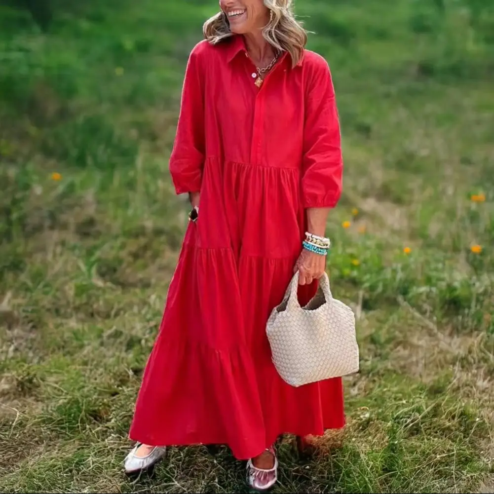 Vestido blusa feminina 2025 outono novo 3/4 manga maxi vestido botão até lapela vestido de balanço a linha babados em camadas praia vestido de verão