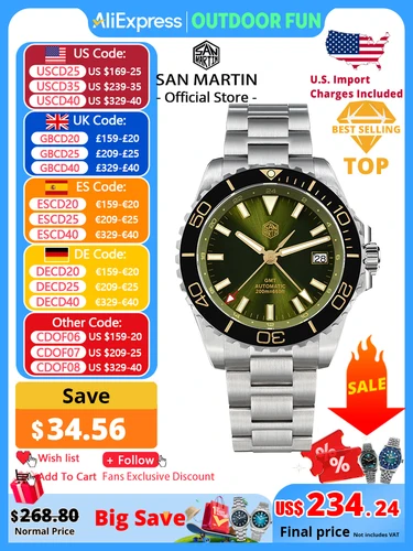 Imagen 1 del producto Reloj San Martin Diver GMT de 39mm con esfera esmaltada NH34 de acero inoxidable, reloj de lujo para hombre, reloj mecánico automático con zafiro luminoso SN0136