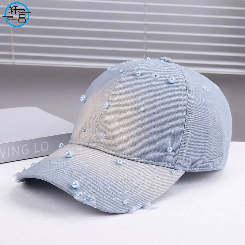 New Spring/Summer Casual Handmade Pearl Baseball Cap, Gradient Color Duckbill Cap, Face Slimming Sun Protection Hat for Women