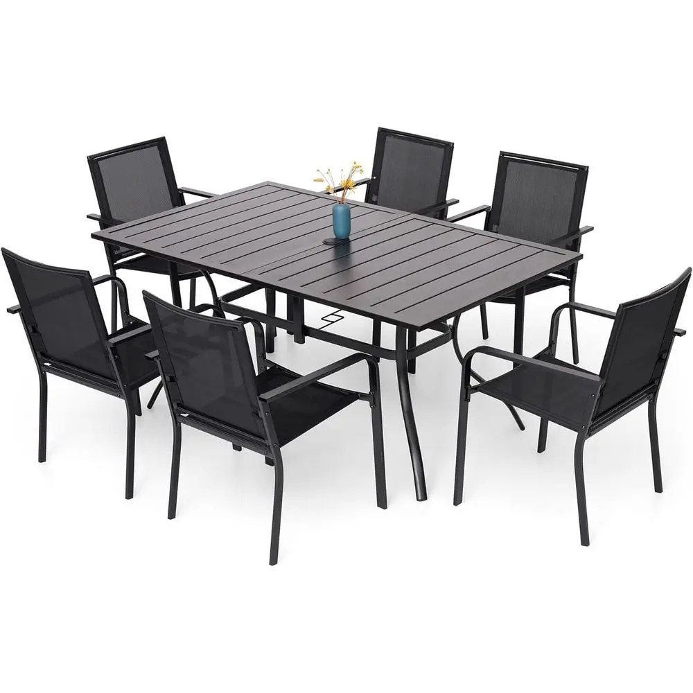

6-7 Piece Outdoor Dining Set with Stackable Metal Chairs for Patio and Lawn