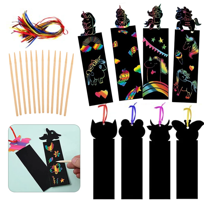 12pcs Magic Scratching Bookmarks with Ropes Hangable Children Creative Drawing Toys Graffiti colour Handmade DIY Art TMZ