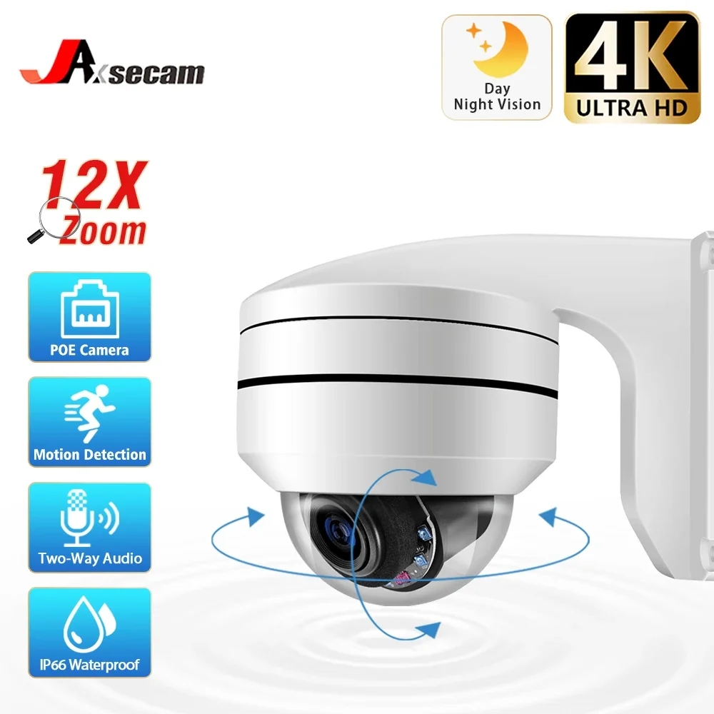 Jaxcam Compatible 8MP 4K PTZ IP Camera Outdoor Dome PoE 12X Optical Zoom CCTV Audio Human Detection Surveillance IP Cameras