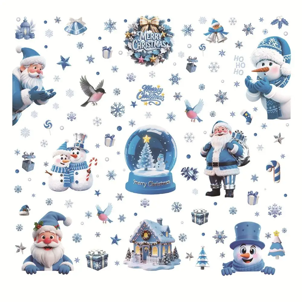 Electrostatic Merry Christmas Window Stickers Blue White Cartoon Santa Claus Xmas Decorative Sticker Photo Props