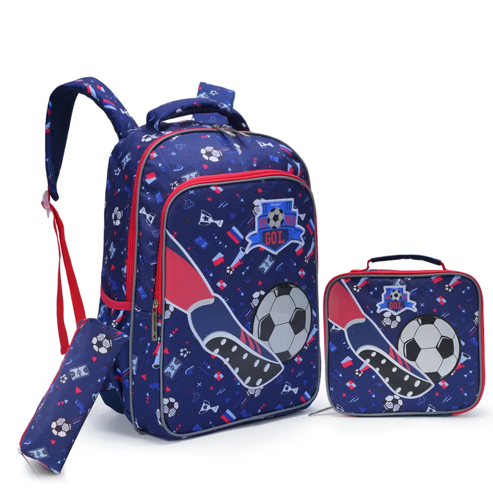 

3PCS set 17" Backpack For Boys, Cartoon Soccer Design Bookbag With Lunch Box And Pen Bag, Glow-in-the-dark Function-Blue