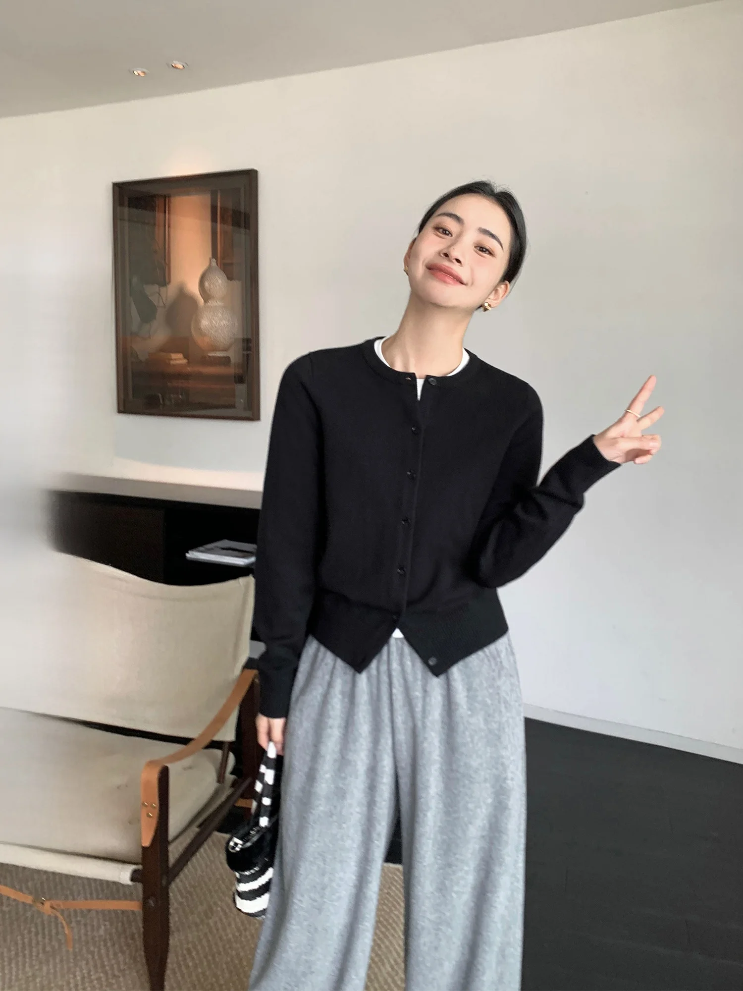 

Pusumede Bla round Ne Knitted Open Cardigan Women's Outerwear Spring Autumn Loose Slimming Korean Sle Sweater Top