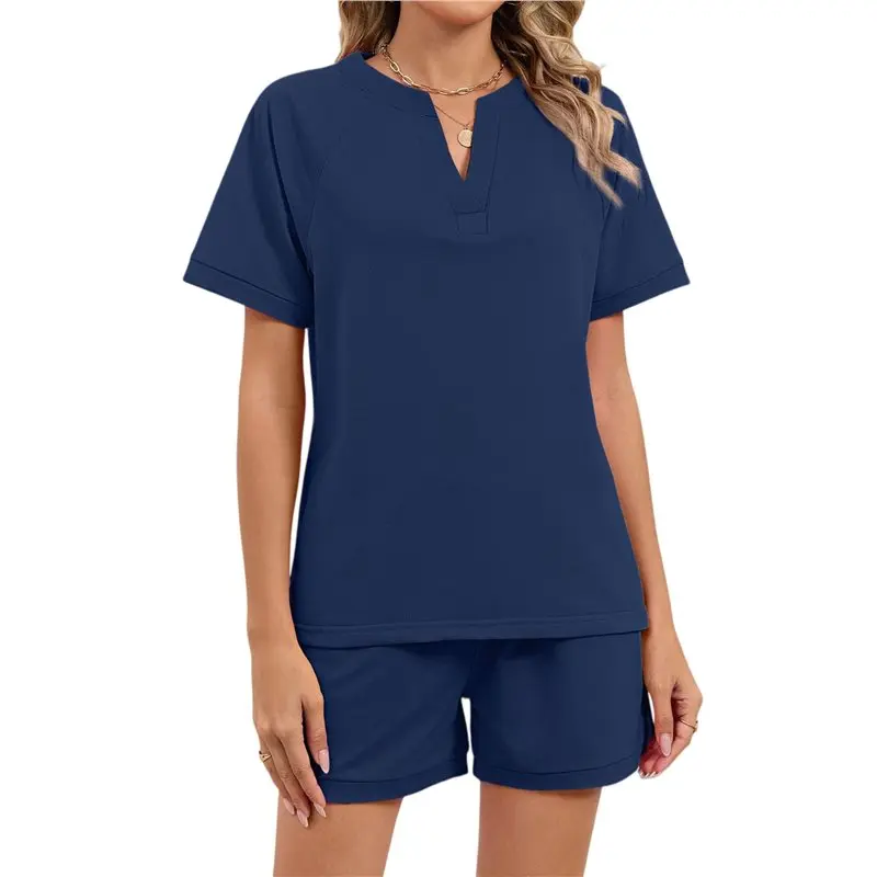 

CYL-Women 2 Piece V Neck Matching Lounge Sets Clothing Spring Cap Sleeve Shirt And Shorts