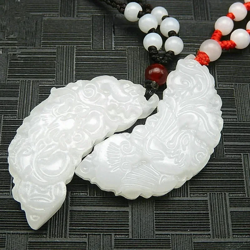 1 زوج الطبيعية الأبيض اليشم التنين والعنقاء قلادة عشاق الموضة قلادة مجوهرات هدايا لها حبل مجاني بالجملة