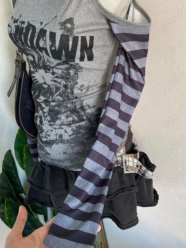 Y2k مثير هود تي شيرت القوطية Sweetwear الخريف ملابس حريمي خمر شريط عاري الكتفين طويلة الأكمام الشرير ثقافة فرعية البلوفرات #3