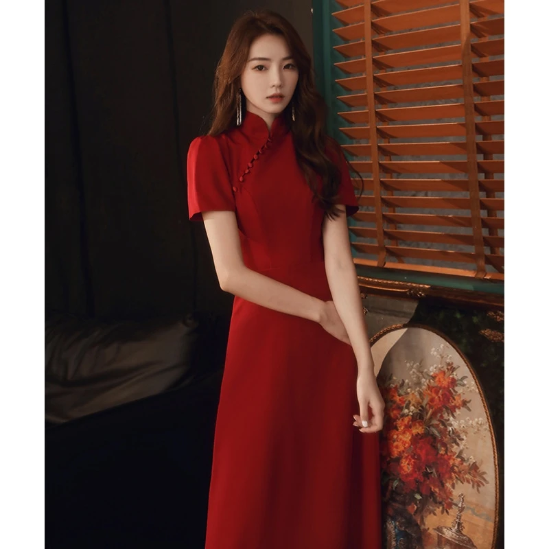 

Ele Red Wedding Qipao Dr Chinese Sle Bride Engagement Par Long Skirt High Waist Wedding Dr for Hotel Indoor Use