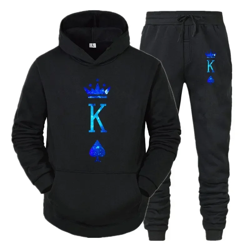 Para odzież sportowa KING QUEEN bluzy z kapturem z nadrukiem spodnie dwuczęściowy zestaw moda kochanek Streetwear mężczyźni kobiety pasująca odzież