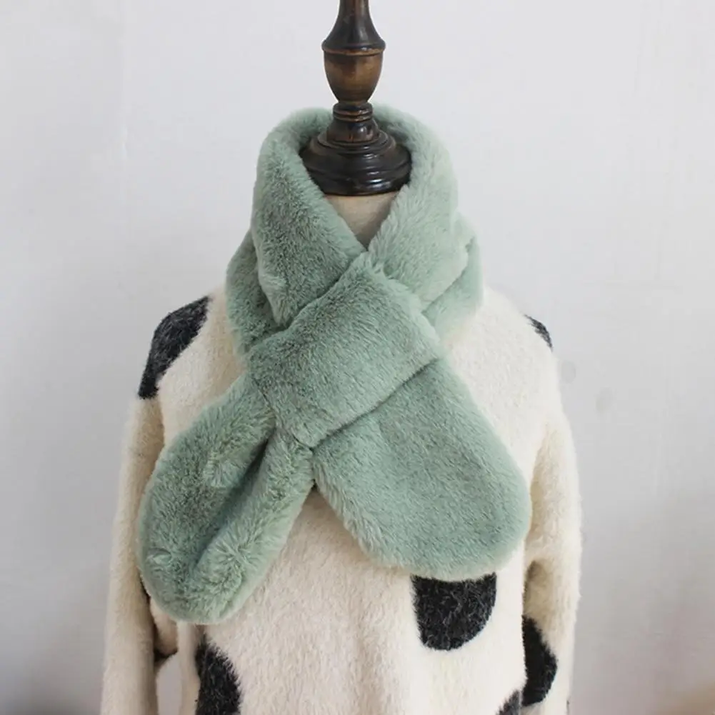 Classic Plush Scarf Comfy Thermal Scarf Solid Color Winter Thickened Faux Rabbit Fur Plush Cross Scarf  Coldproof