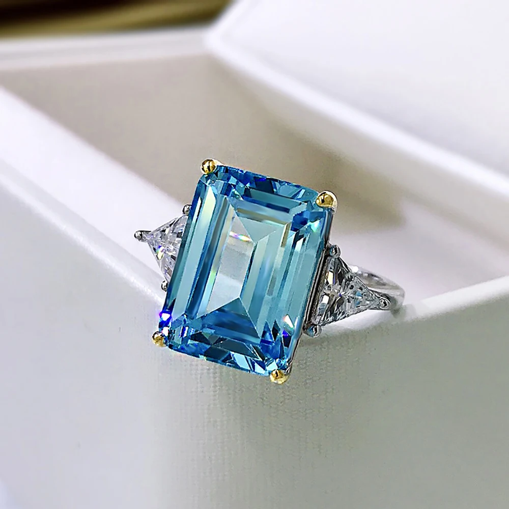 Luxury 100% 925 Real Silver 10*14mm Aquamarine High Carbon Diamond Rings for Women Gemstone Wedding Band Party Fine Jewelry Gift