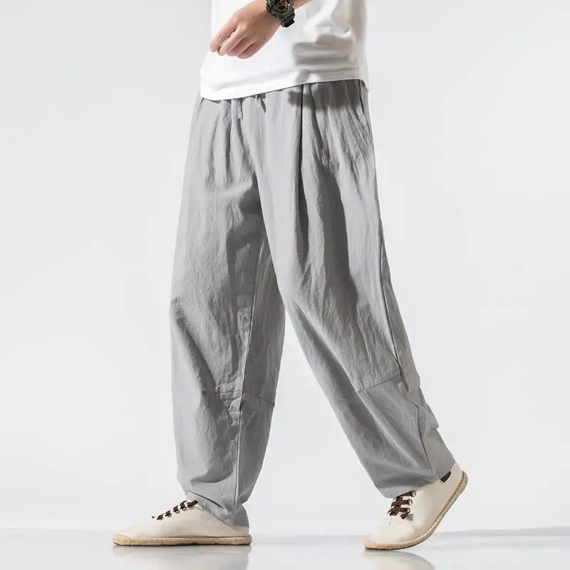 Men Clothes New Summer Japanese Casual Streetwear Harajuku Cotton Linen Baggy Pants Male Solid Oversized Bloomers Trousers XJ142