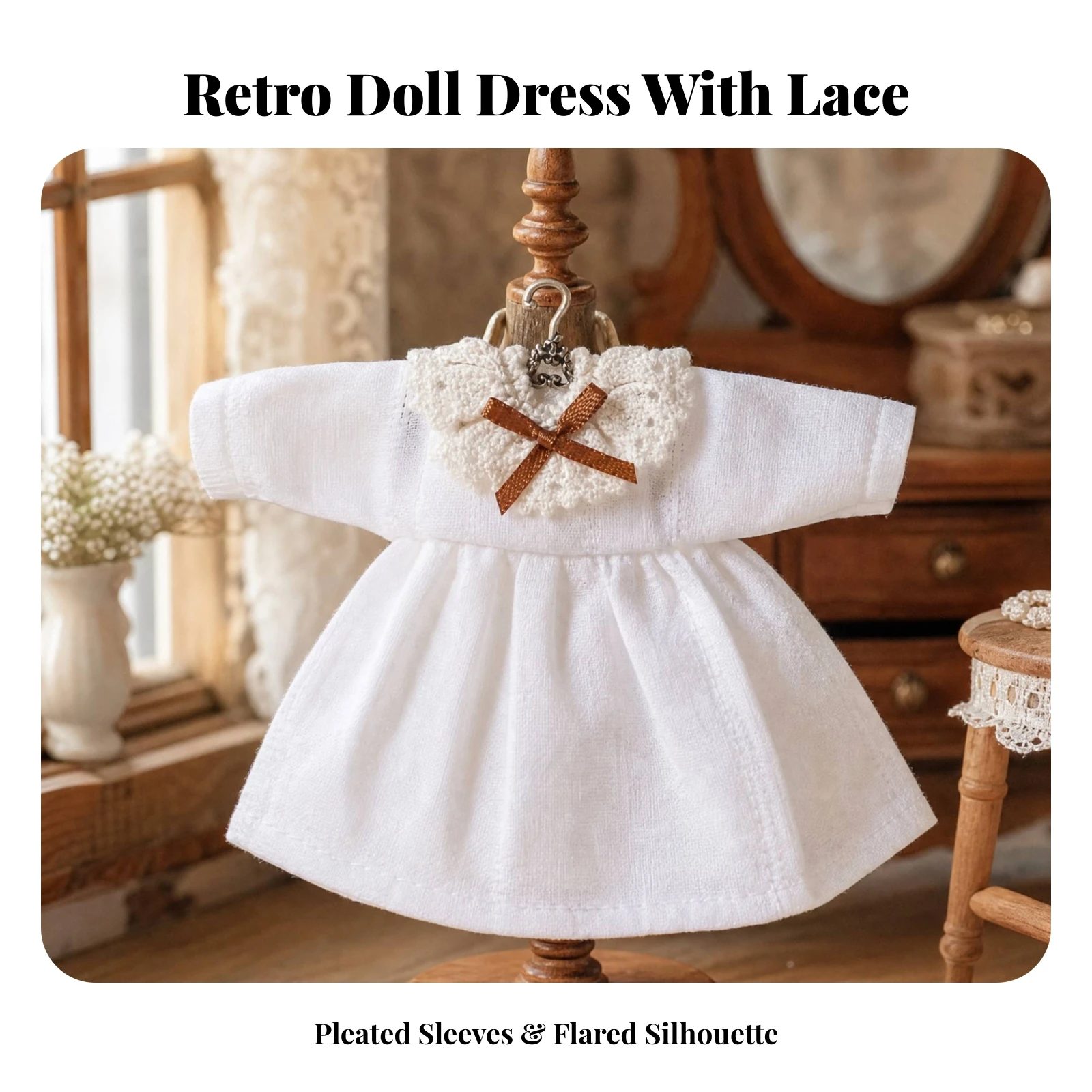 Long Sleeve Doll Clothing with Softly Gathered Flared Skirt and Statement Bow for Miniature Doll Wardrobe Styling
