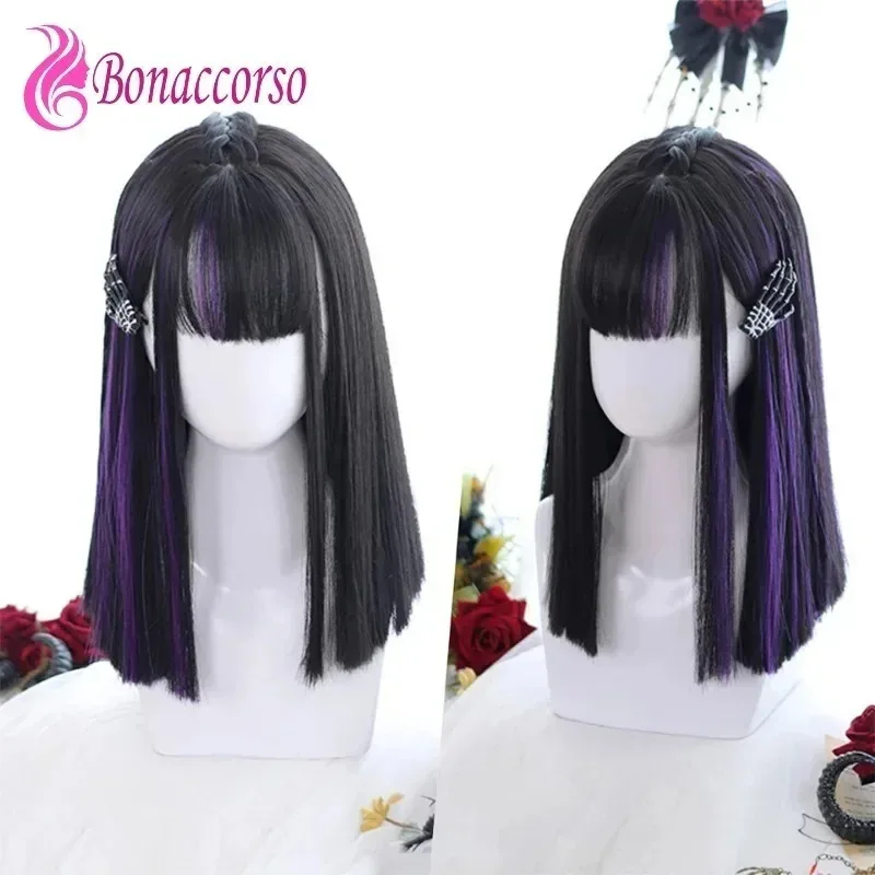 2025 القوطية لوليتا تأثيري الاصطناعية أسود أرجواني مختلط اللون يسلط الضوء على شعر مستعار قصير مستقيم Coser فتاة باردة هالوين واي
