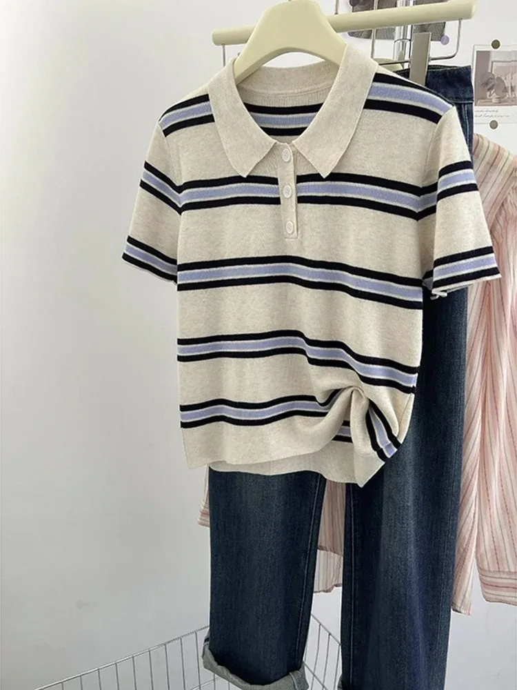 

2025 Summer Vintage Striped Polo T-Shirt for Women, Slim Fit Short Sleeve Casual & Versatile Top