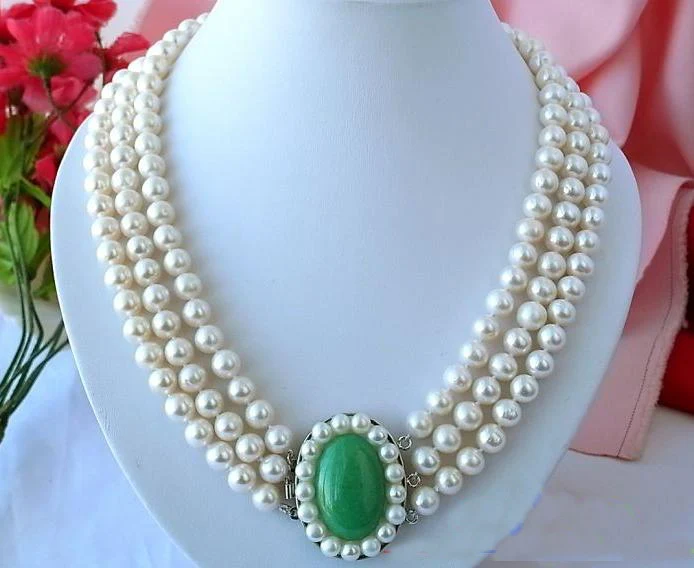 

Favorite Pearl Jewellery,AA 3row 10mm White Round Freshwater Pearl Necklace,Jade Clasp,Charming Wedding Birthday Lady Gift