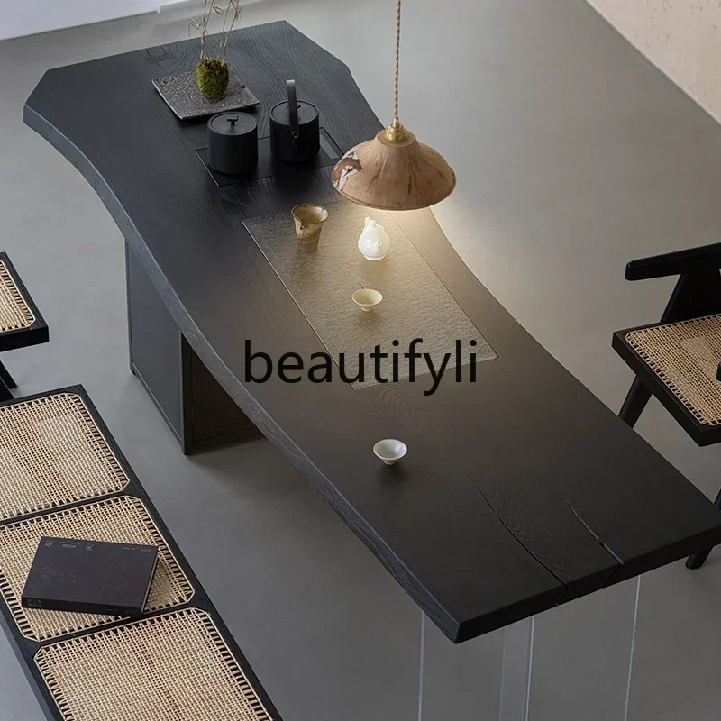 

LXWabi Stillwind solid wood large board tea table acrylic suspended tea table ash wood black carbonized tea tablesss