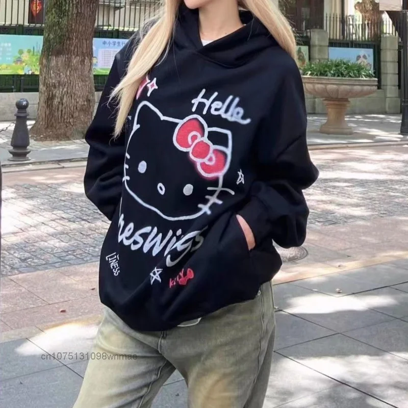 Sanrio Hello Kitty Hooded Sweater for Women, Cotton Chic, American Cute Print, Casual Pullovers, Versatile Top, Ins Autumn Cloth