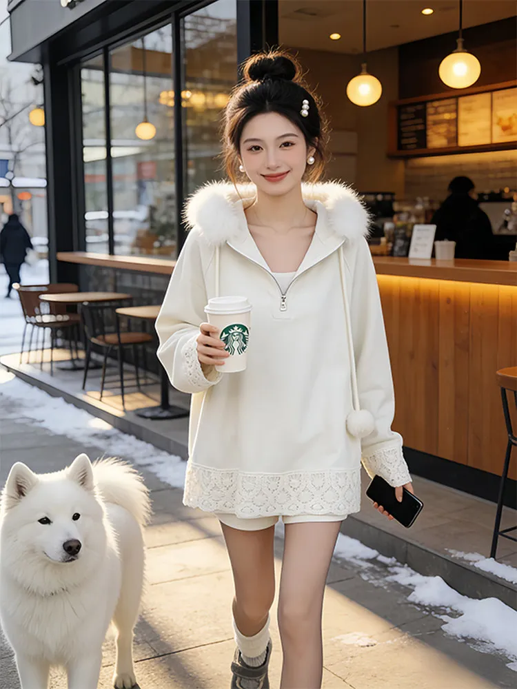 

Женское удлиненное худи с длинными рукавами, кружевное пальто с меховым воротником, корейский стиль, осенне-зимняя новинка, модная верхняя одежда