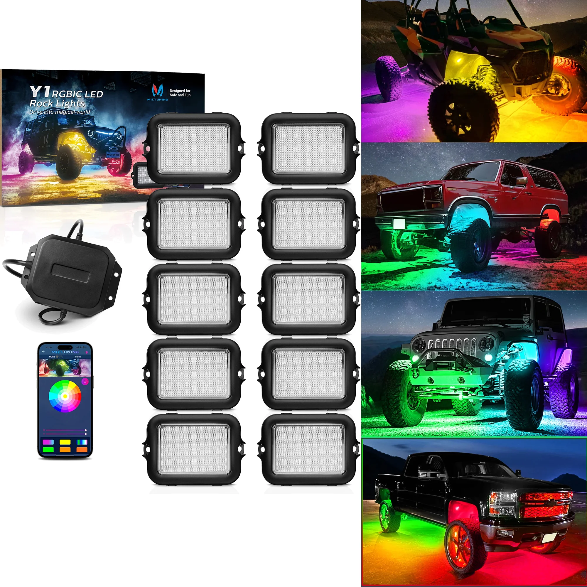 Y1 Universal 8/10/12Pods Smart RGB+IC LED Rock Light Kit - Scalable Design App Control 12V Car&Truck Multi-Colour Ambient Lights
